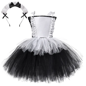 Lolita Popelka Pokojská Tutu Šaty pro Dívky na Halloween Párty Kostým pro Děti Bílá Černá Služka Cosplay Oblečení s Krajkou Luk