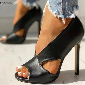Olomm Nové Módní Ženy Stručné Sandály Sexy Jehlové Podpatky Peep Toe Černé Ležérní Boty US Plus Velikosti 5-20